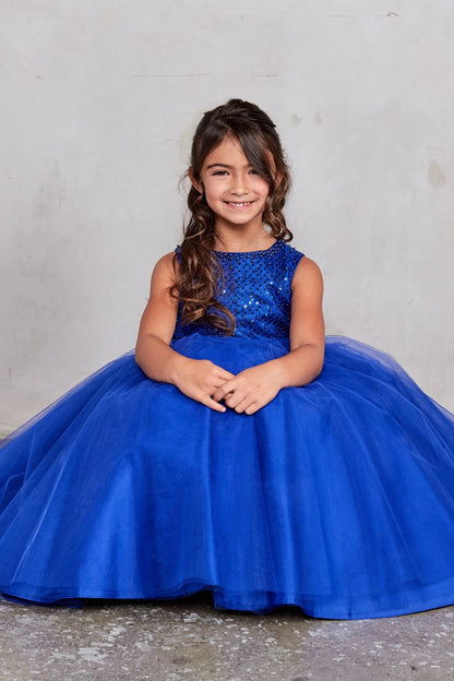 Full mesh skirt accents this royal blue flower girl dress.