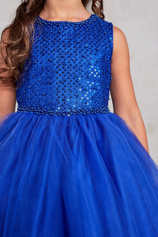 Diamond sequin bodice on a royal blue flower girl dress.
