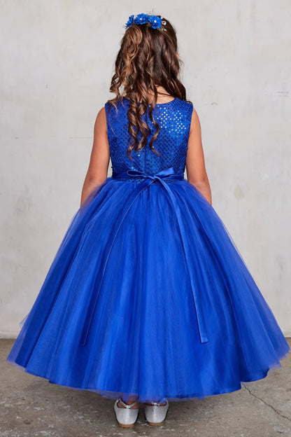 Slender back sash: detail of the royal blue flower girl dress.