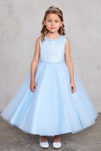 Highlighting a wide gathered skirt on a sky blue flower girl dress.