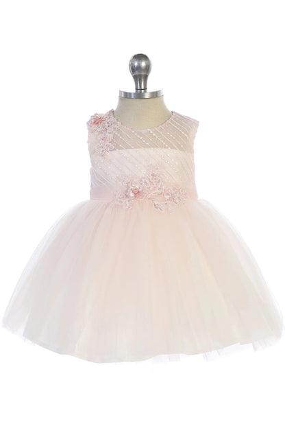 The blush flower girl dress features a sheer striped neckline.
