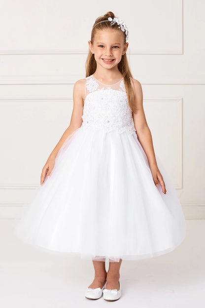 Detailed with floral bodice embroidery, this white flower girl dress.