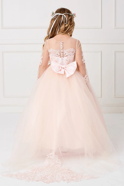 Blush kids pageant dress featuring the rear bodice and layered skirt.