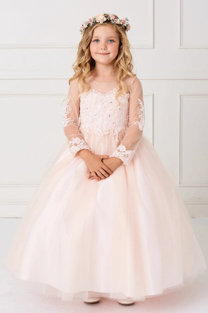 The Blush kids pageant dress has floral lace and sheer long sleeves.