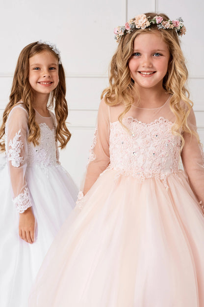 Coordinating White and Blush kids pageant dresses show sheer lace sleeves and floral bodices.
