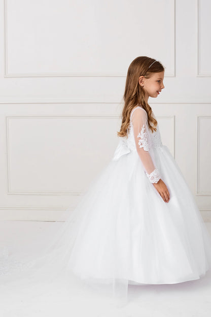 Visible details on the White kids pageant dress include floral lace and sheer long sleeves.