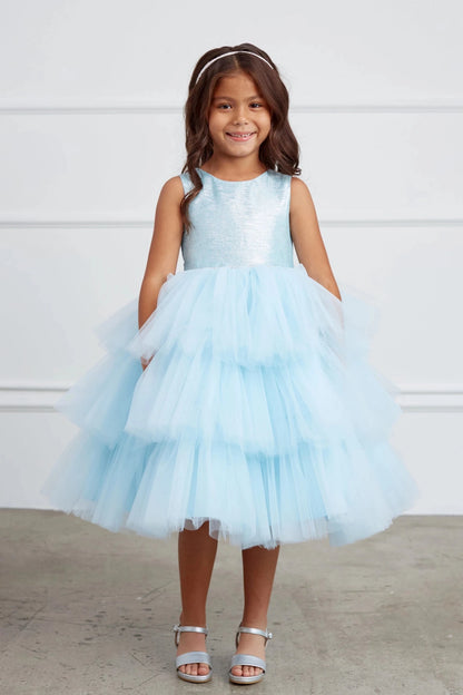 On this sky blue flower girl dress, a fluffy ruffled skirt is visible.