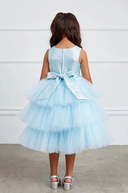 Large waist bow shown on the sky blue flower girl dress.