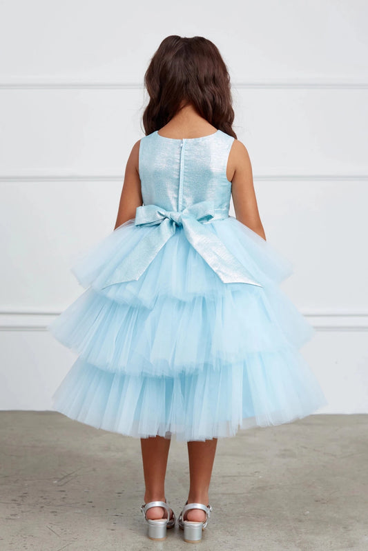 Large waist bow shown on the sky blue flower girl dress.
