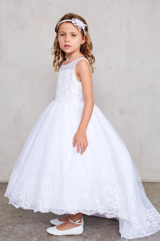 Featuring a full lace skirt, a white flower girl dress.