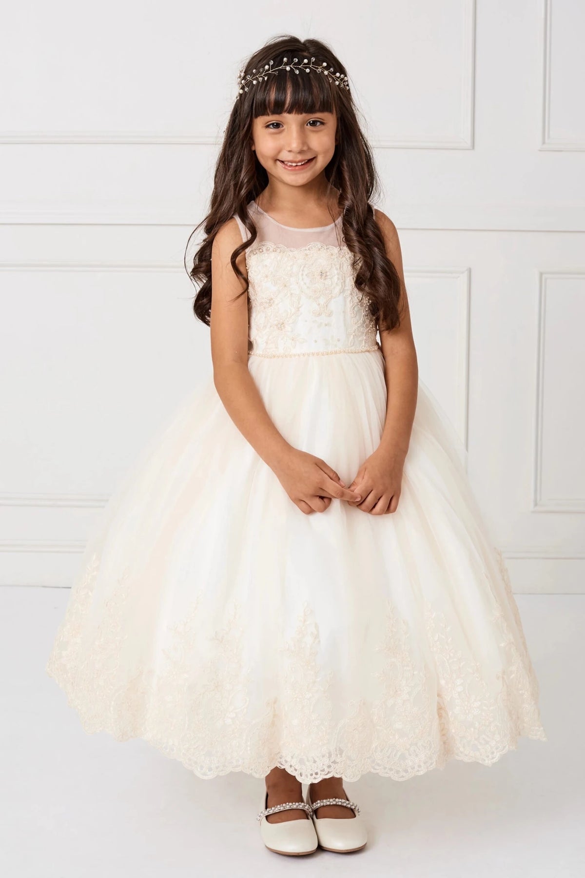 Champagne flower girl dress with a floral embroidered bodice.