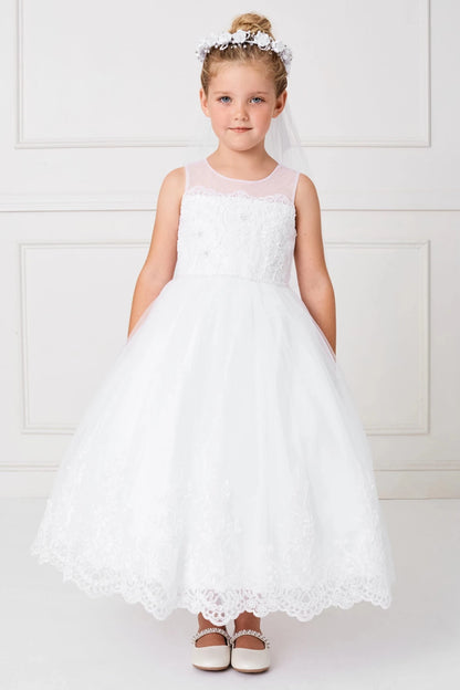 A slender beaded waist divides this off-white flower girl dress.