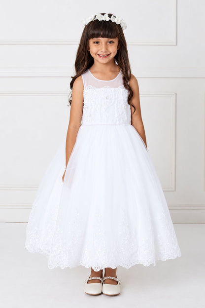 Sheer shoulders top the white flower girl dress's floral bodice.