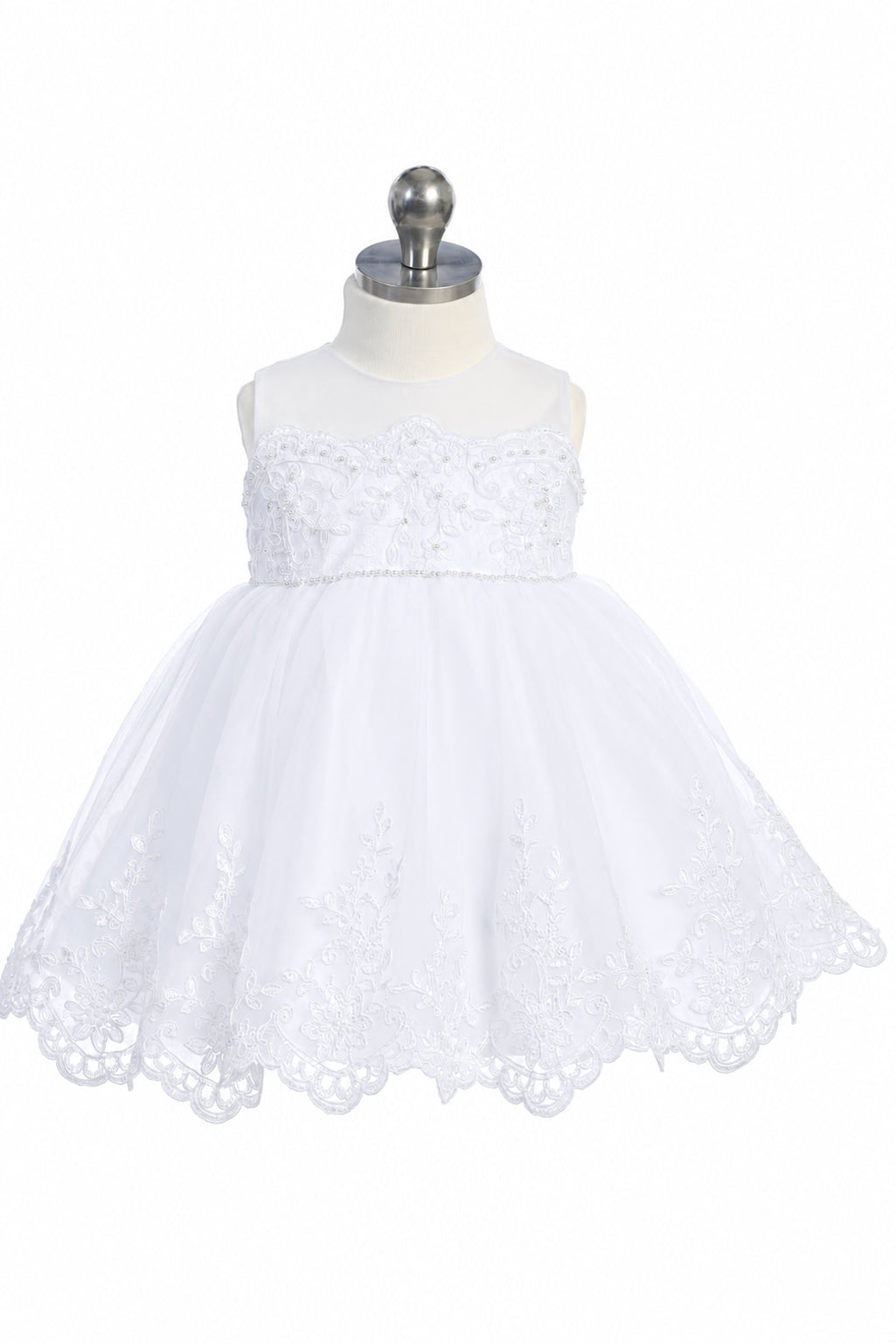 Pearl-like waist trim accents a white flower girl dress.