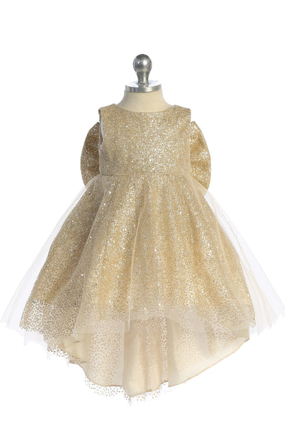 The Gold kids pageant dress has a full glitter skirt.