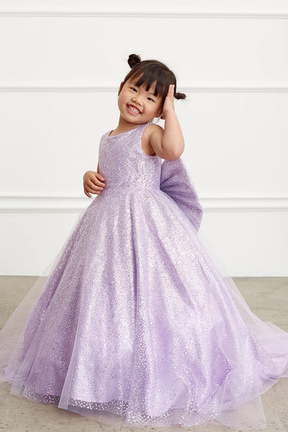Lilac kids pageant dress featuring a full glitter skirt.