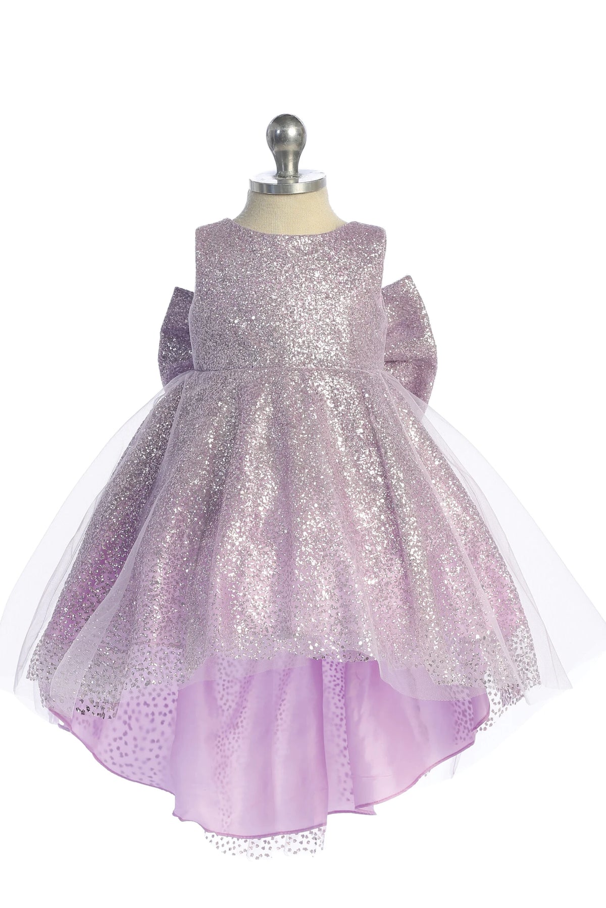 Visible details on the Lilac kids pageant dress include a full glitter skirt.