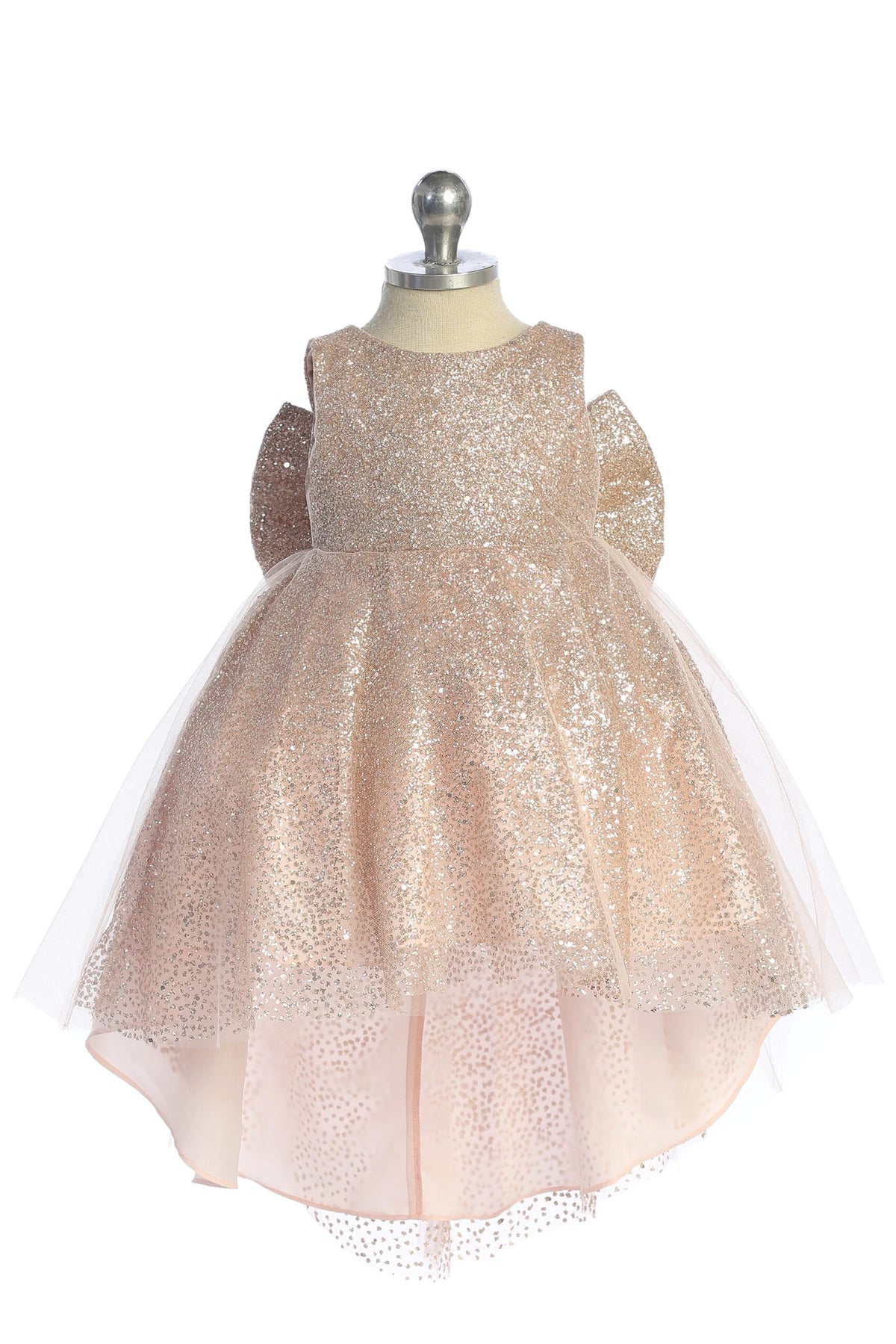 Visible details on the Rose Gold kids pageant dress include a full glitter skirt.