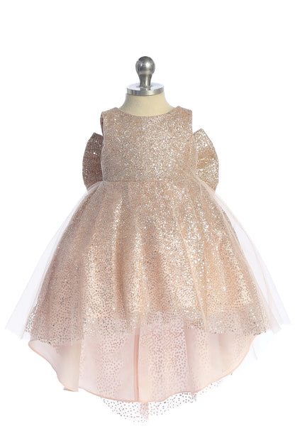 Visible details on the Rose Gold kids pageant dress include a full glitter skirt.