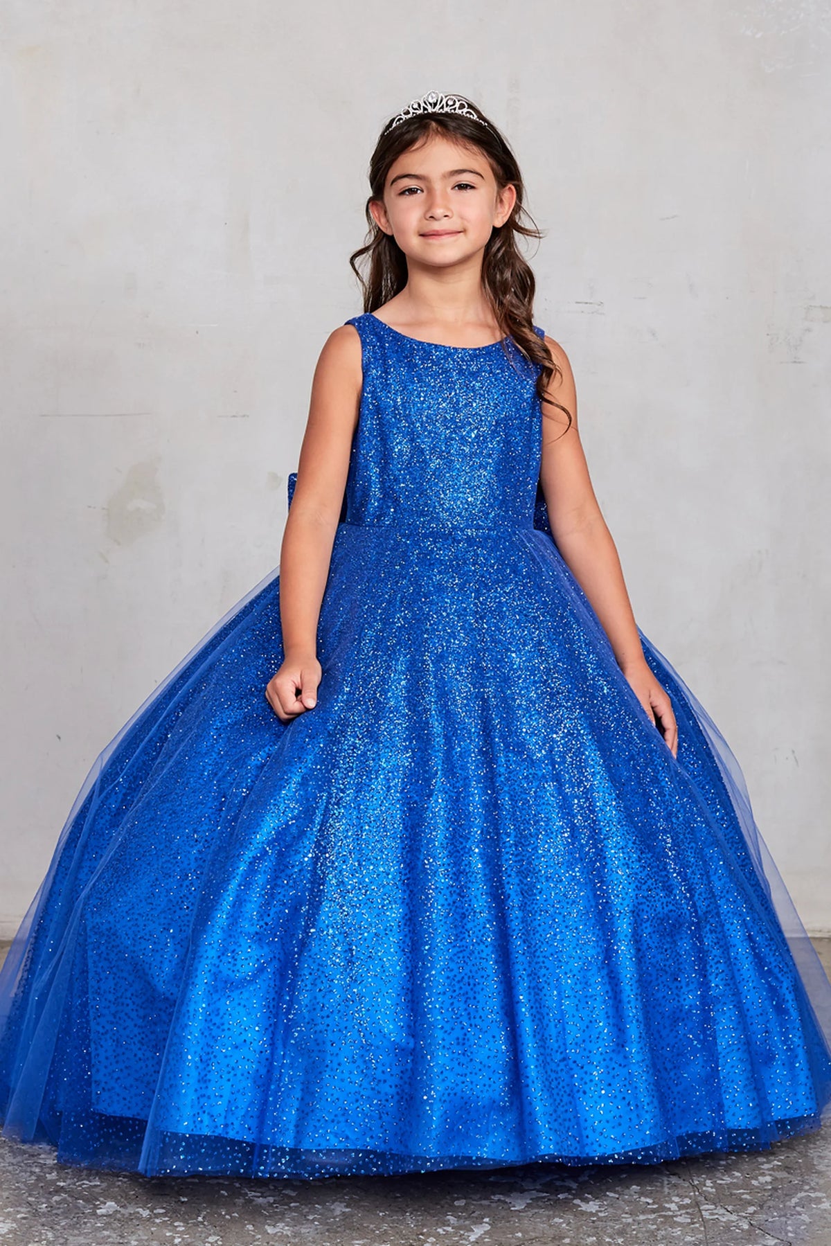 Royal Blue kids pageant dress featuring a full glitter skirt.