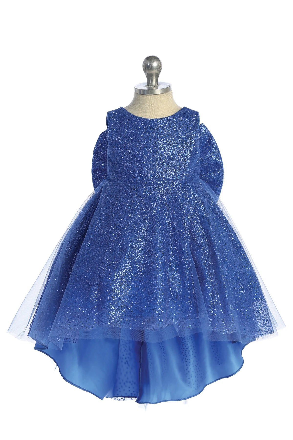 The Royal Blue kids pageant dress has a full glitter skirt.