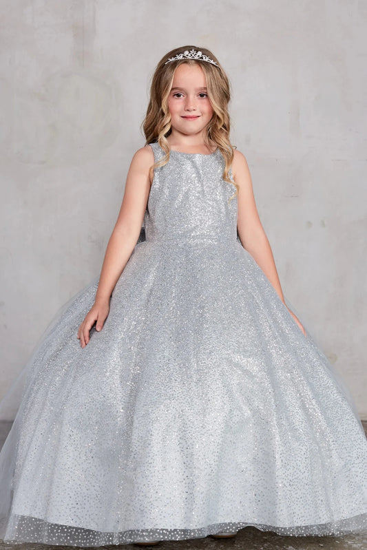 All-over glitter pattern accents this silver mini quince dress.