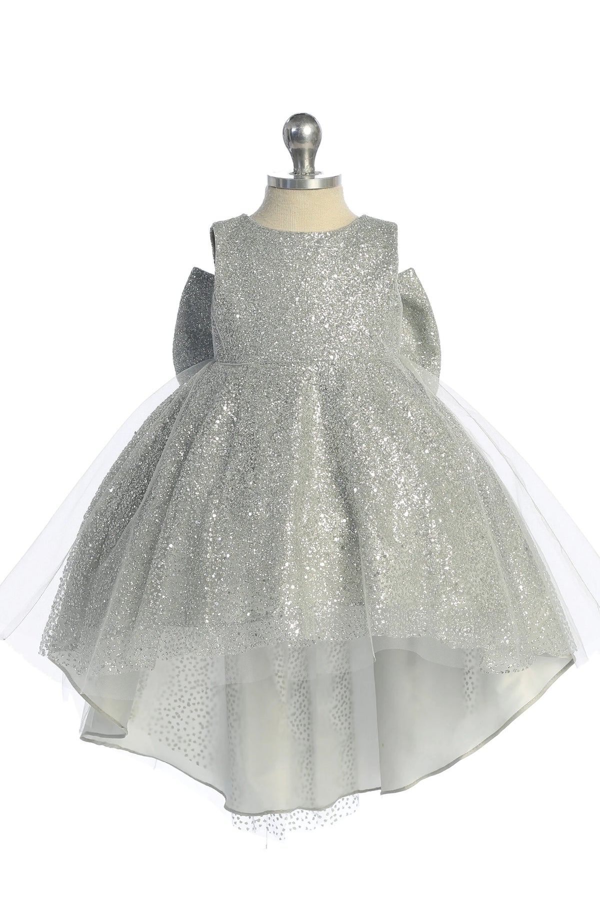 The Silver kids pageant dress has a full glitter skirt.