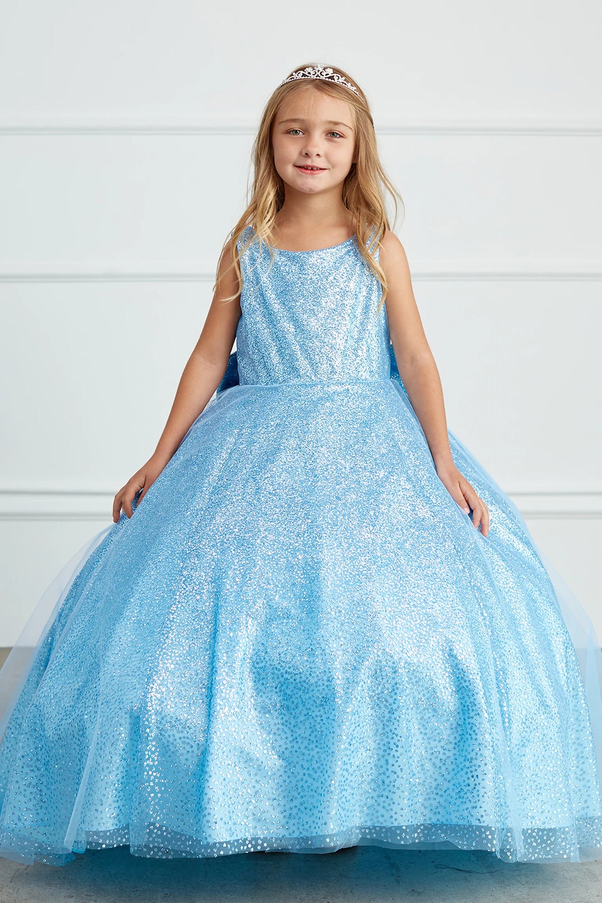Sky Blue kids pageant dress featuring a full glitter skirt.