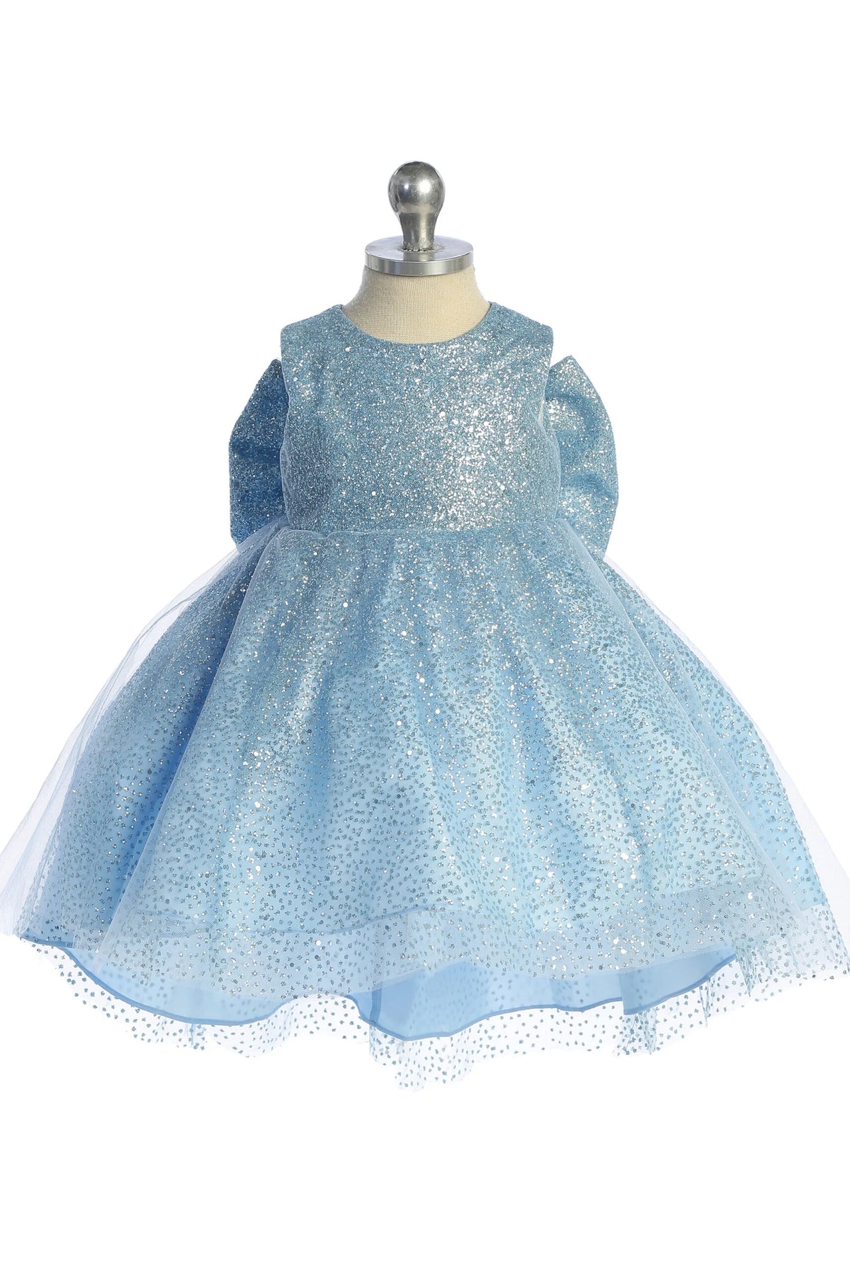 Visible details on the Sky Blue kids pageant dress include a large glitter bow above the long back hem.