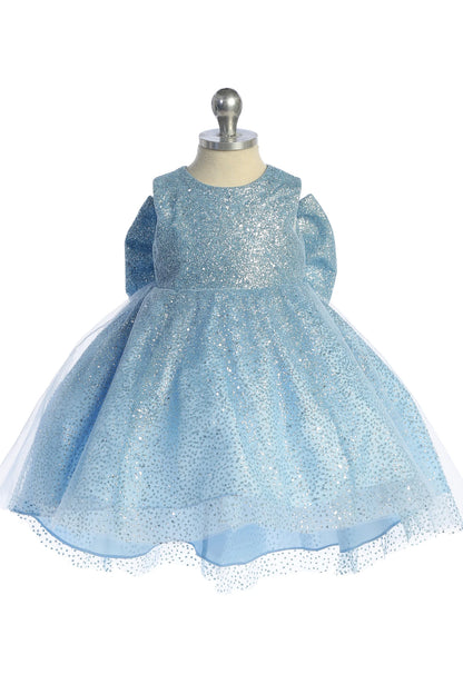 Visible details on the Sky Blue kids pageant dress include a large glitter bow above the long back hem.