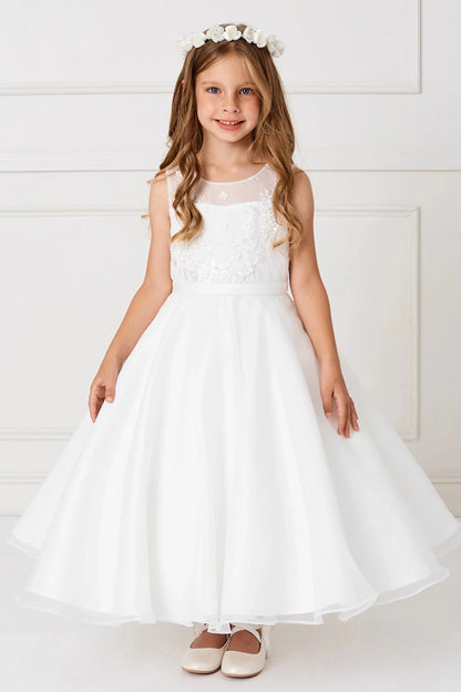 Focus on a flared satin skirt of the off-white flower girl dress.