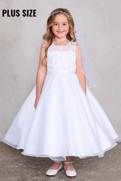 A view of a lace-covered bodice on the white flower girl dress.
