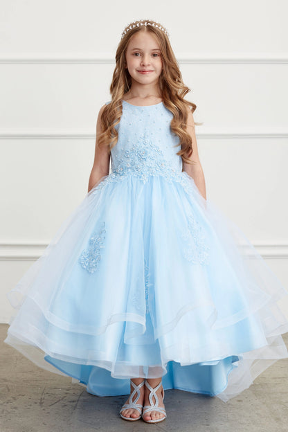 Sheer layered hem accents the sky blue flower girl dress.