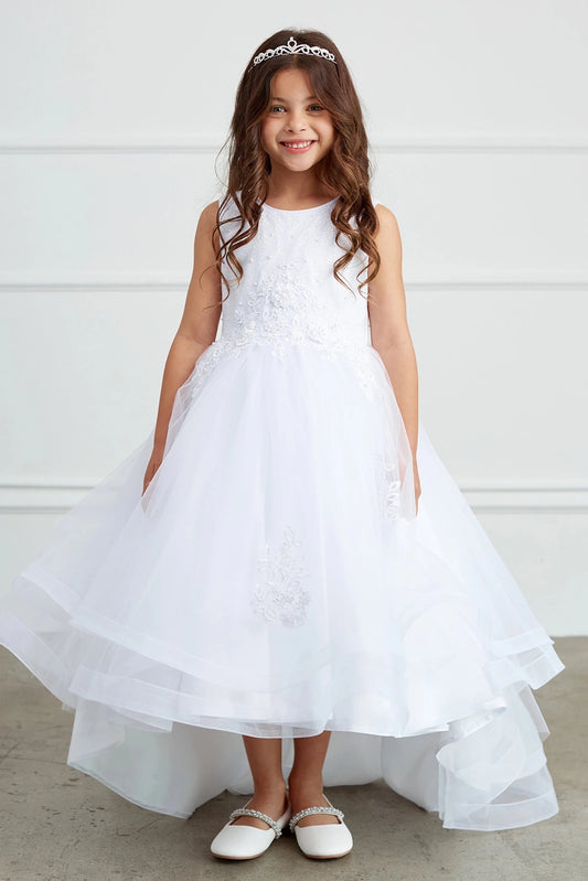 White flower girl dress detailed with a floral bodice.