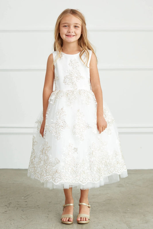 With gold floral embroidery, an off-white flower girl dress.
