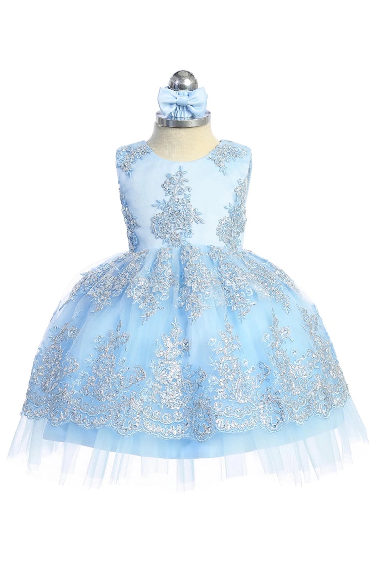 Sky Blue flower girl dress, showing a flower-pattern skirt overlay.