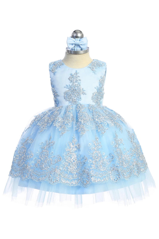 Sky Blue flower girl dress, showing a flower-pattern skirt overlay.