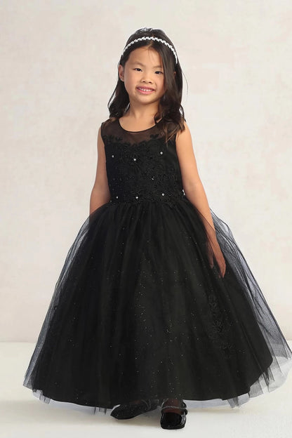 Featuring a fine glitter skirt, a black flower girl dress.