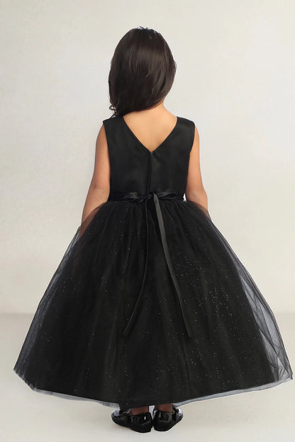 This black flower girl dress displays V-shaped back.