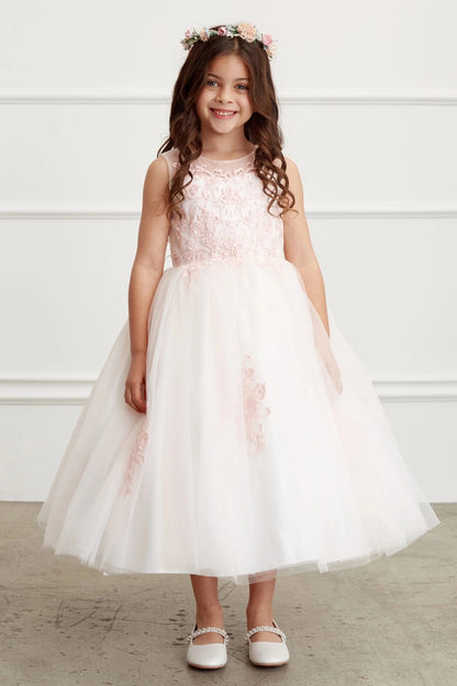 3D flower waist accents the blush flower girl dress.
