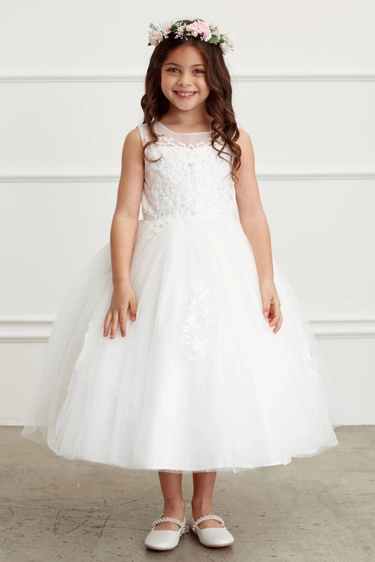 Off-White flower girl dress with a pearl beaded bodice.