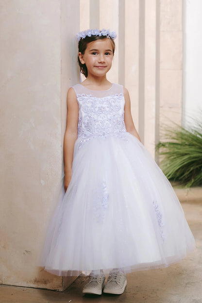Beaded bodice shown on the lilac flower girl dress.