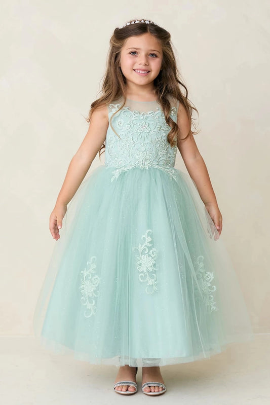 Featuring flower bodice lace, a sage flower girl dress.