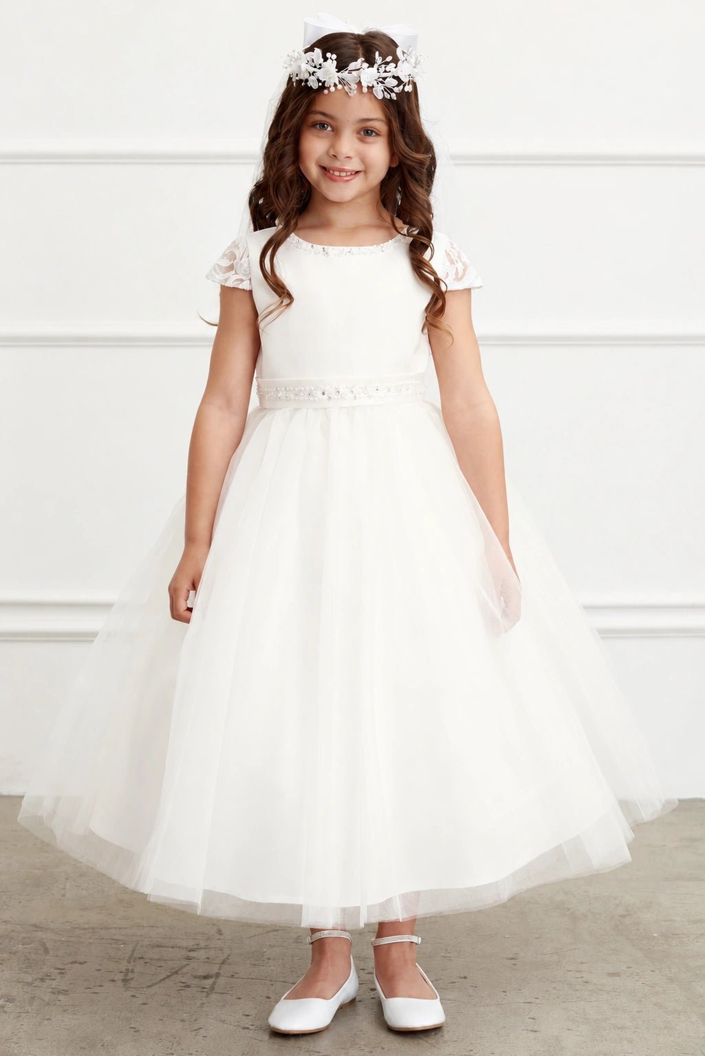 Beaded waist trim is visible on the off-white flower girl dress.