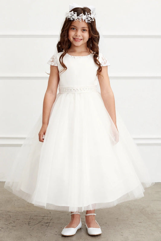 Beaded waist trim is visible on the off-white flower girl dress.