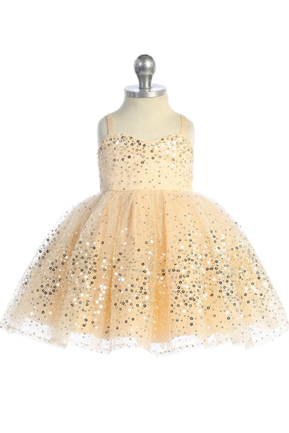 Visible details on the Gold kids pageant dress include sequins across the bodice and skirt.