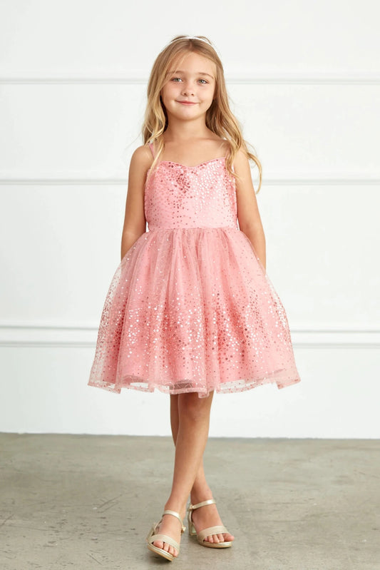Mauve flower girl dress, showing a sweetheart bodice.