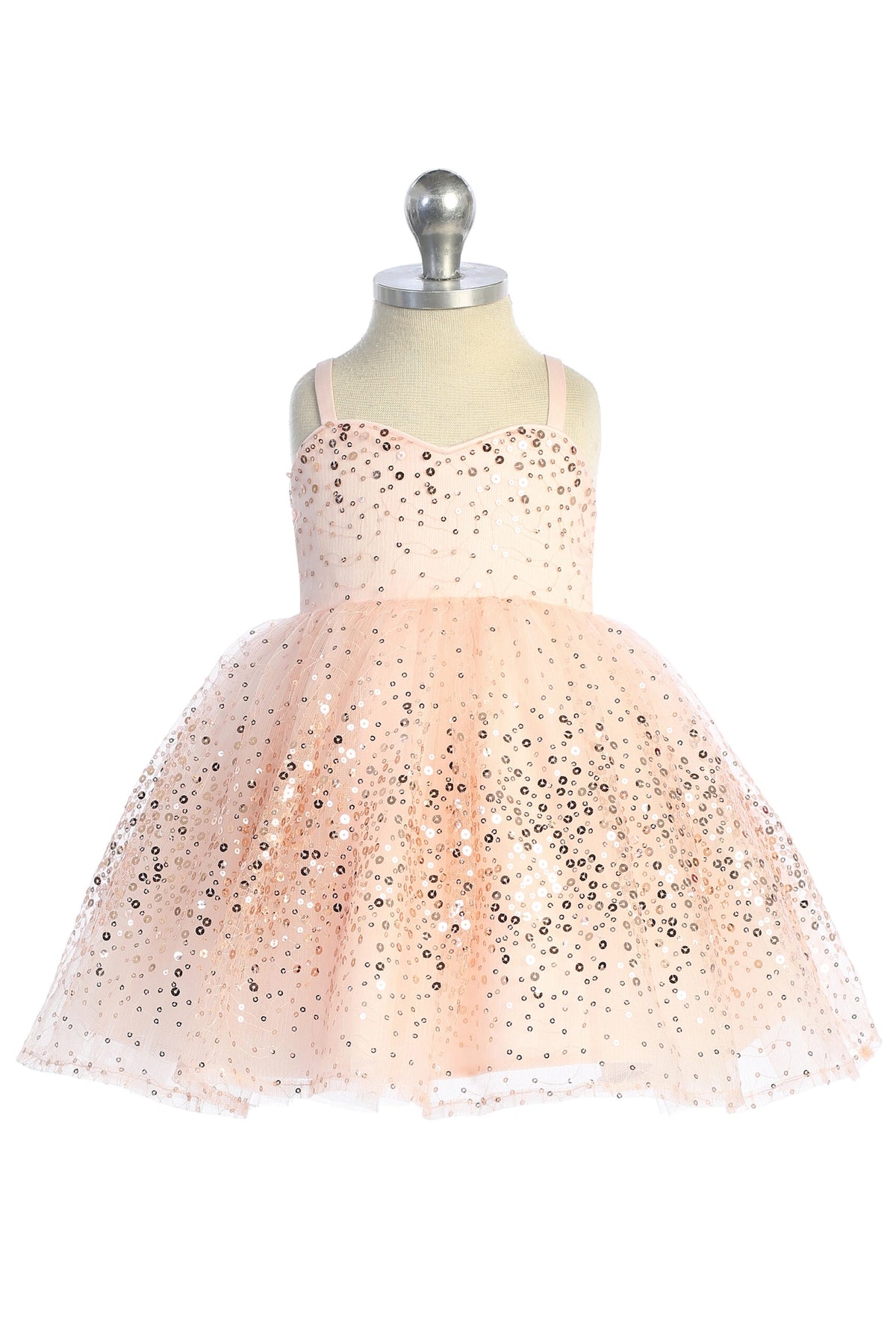 The Rose Gold kids pageant dress has sequins across the bodice and skirt.