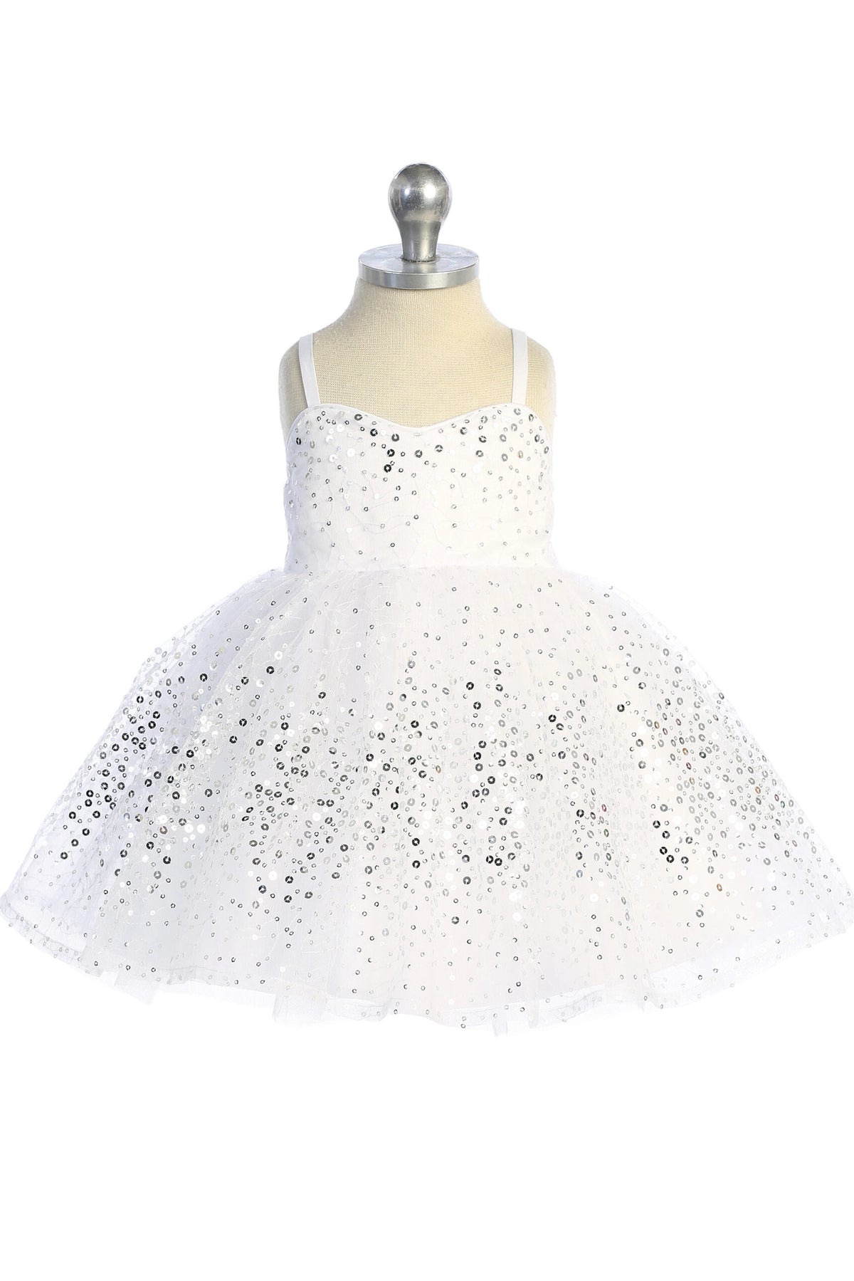 The Silver kids pageant dress has sequins across the bodice and skirt.