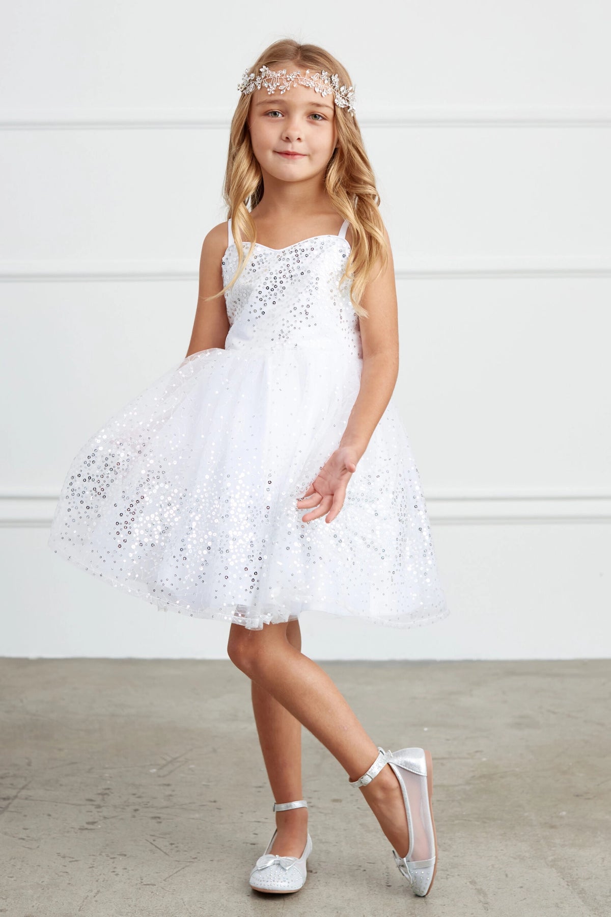 Visible details on the Silver kids pageant dress include sequins across the bodice and skirt.